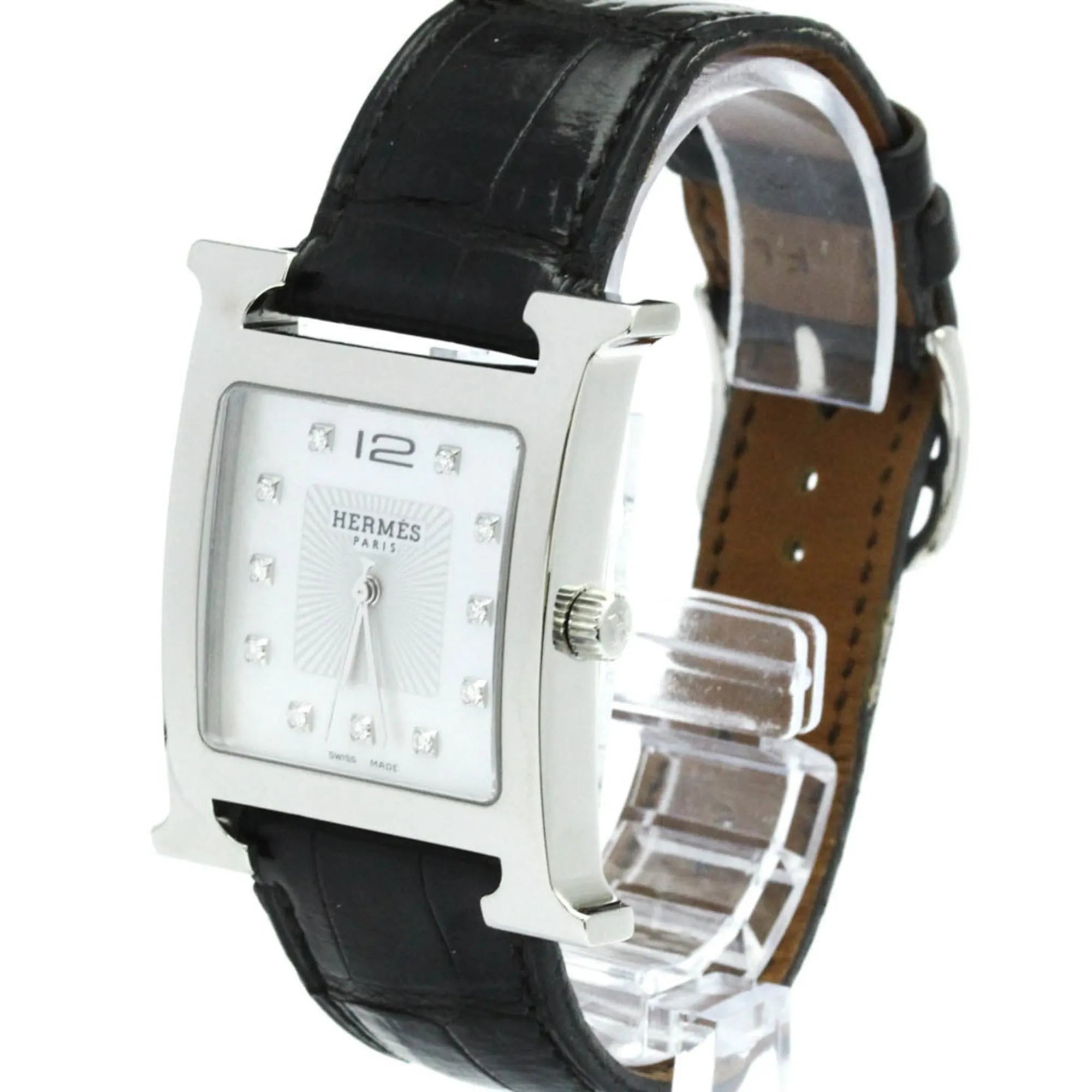 Hermes Heure H Quartz Stainless Steel And Alligator With Diamond Markers And Mother Of Pearl Watch (Pre-Owned)