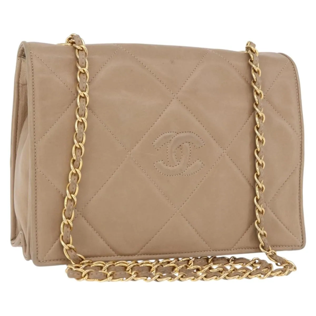 Chanel Flap Chain Shoulder Bag Leather Beige Leather Shoulder Bag Bag (Pre-Owned)