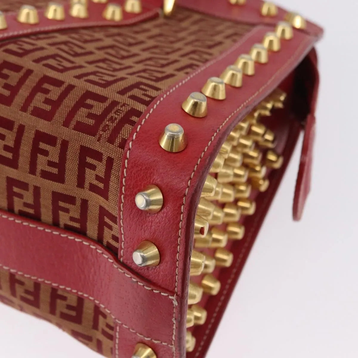 Fendi Studded Handle Canvas Red Canvas Handbag (Pre-Owned)