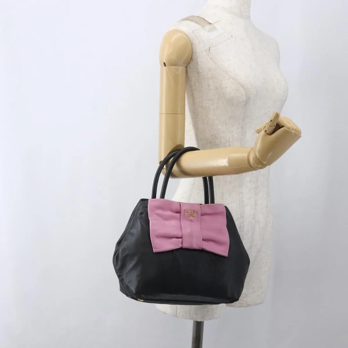 Prada Bow Tote Leather Black Leather Tote Bag Bag (Pre-Owned)