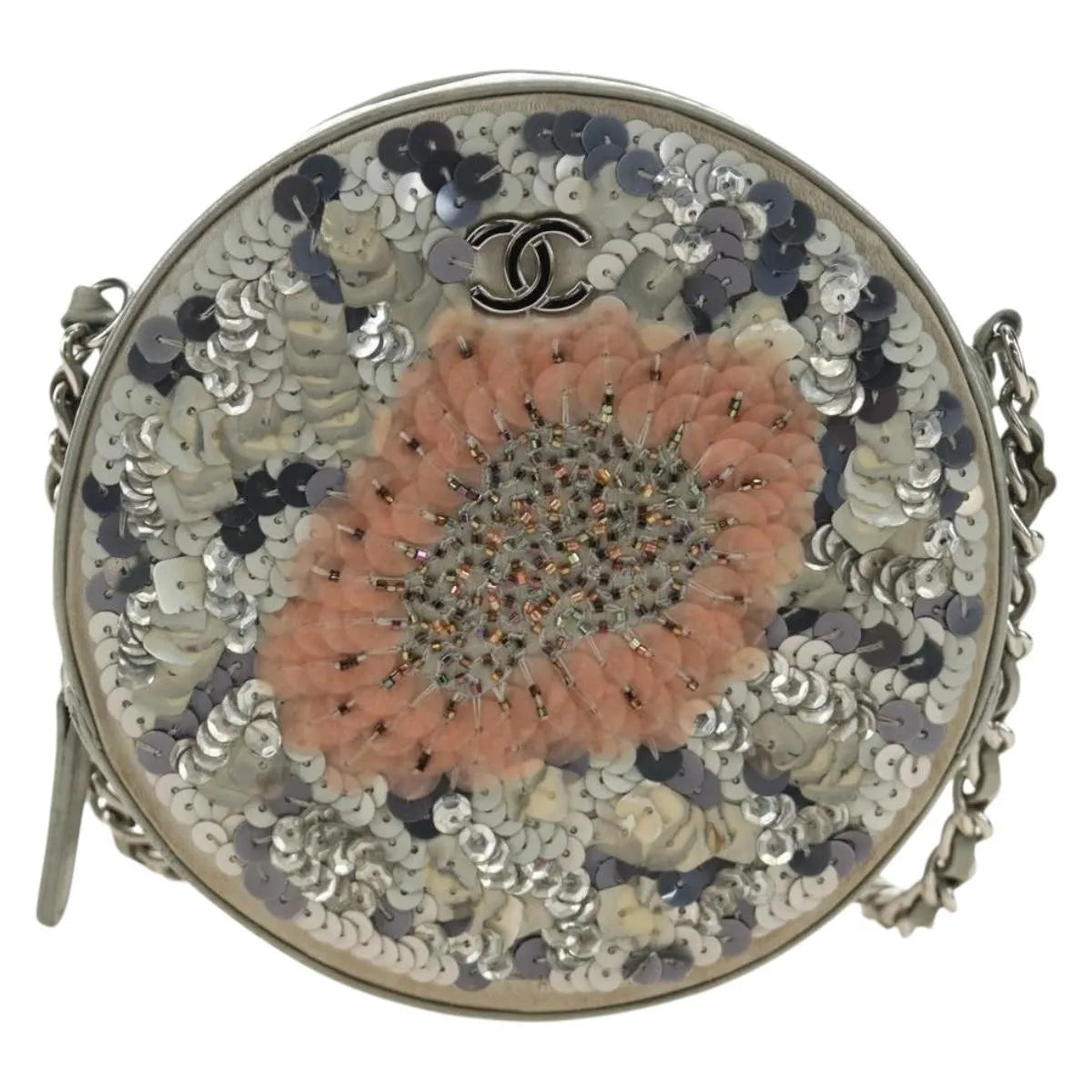 Chanel Round Clutch With Chain Sequins Gray Leather Clutche & Pouche Bag (Pre-Owned)