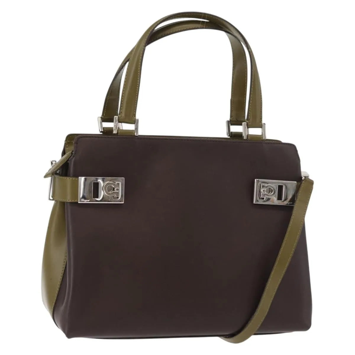 Salvatore Ferragamo Double Gancini Side Buckle Tote Patent Leather Brown Patent_Leather Handbag (Pre-Owned)