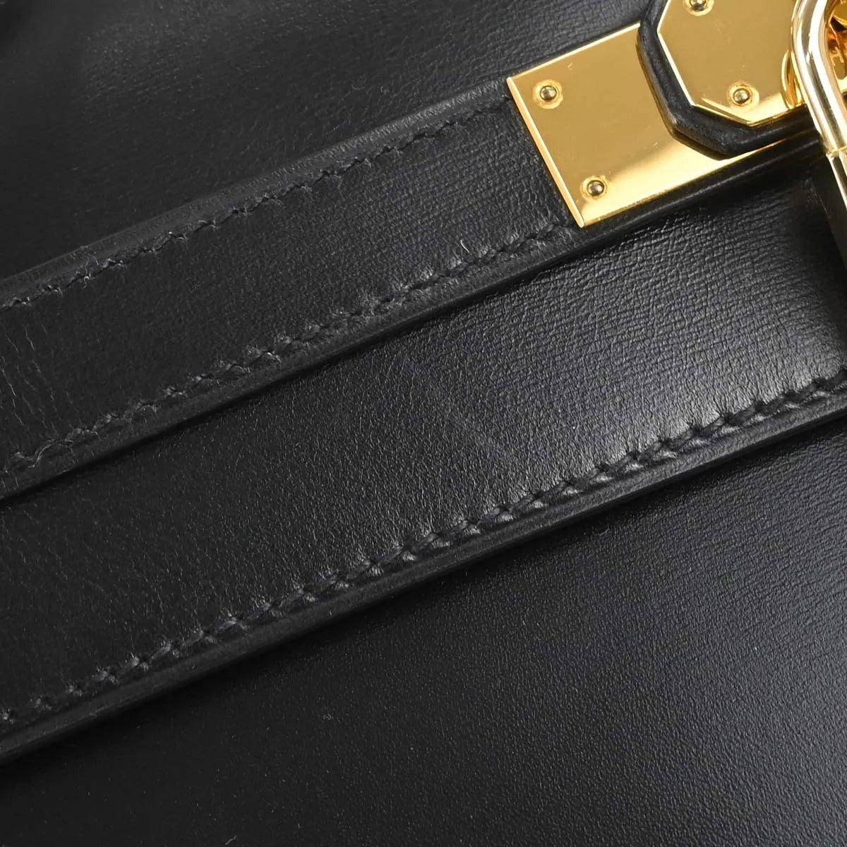 Hermes Kelly Handbag Black Box Calf With Gold Hardware Black Leather Handbag (Pre-Owned)