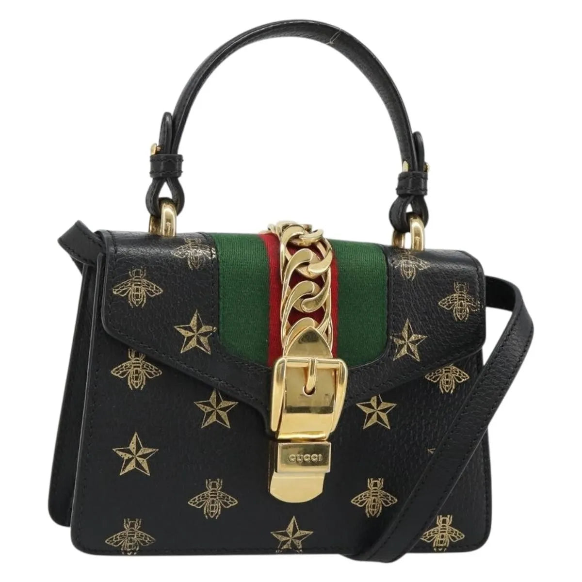 Gucci Sylvie Top Handle Printed Leather Black Leather Handbag (Pre-Owned)