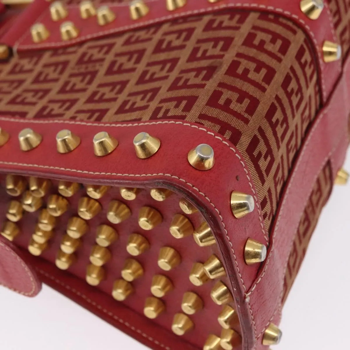 Fendi Studded Handle Canvas Red Canvas Handbag (Pre-Owned)