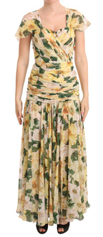 Dolce & Gabbana Yellow Silk Floral Print Pleated Max Women's Dress
