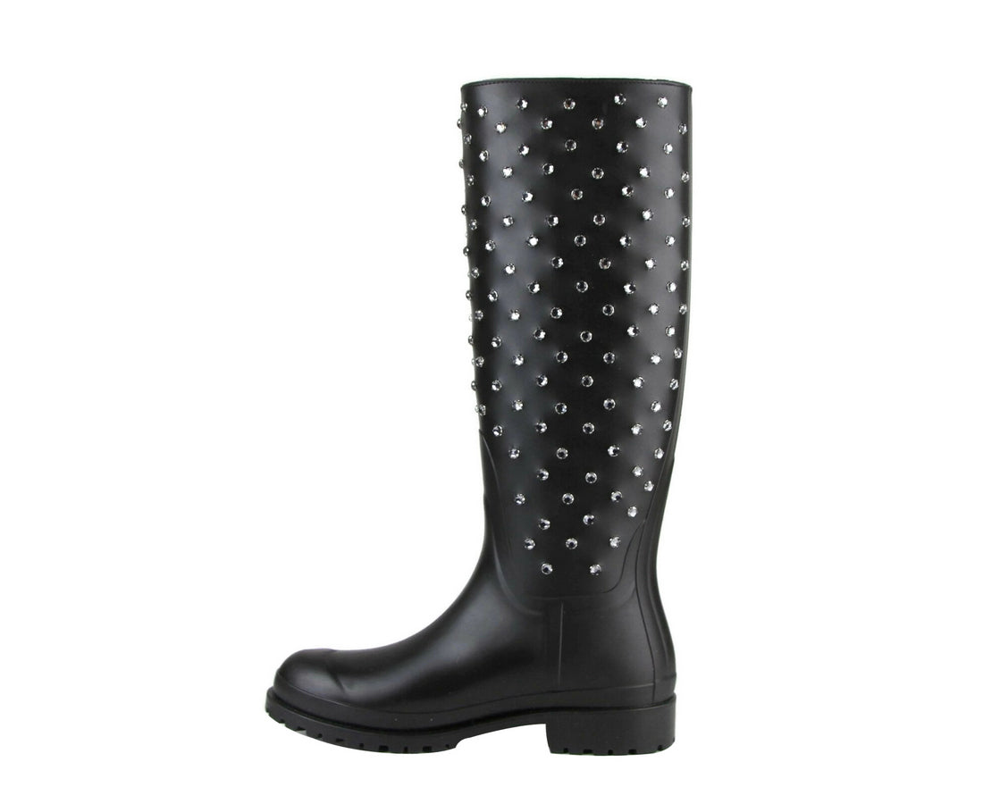 Saint Laurent Women's Black Rubber Rain Boots With Crystal Studs (35 EU / 5 US)
