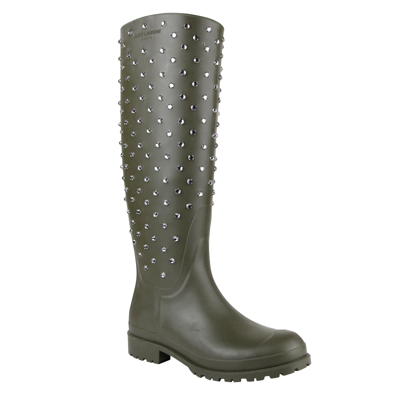 Saint Laurent Women's Diamond Studs Olive Green Rubber Rain Boots
