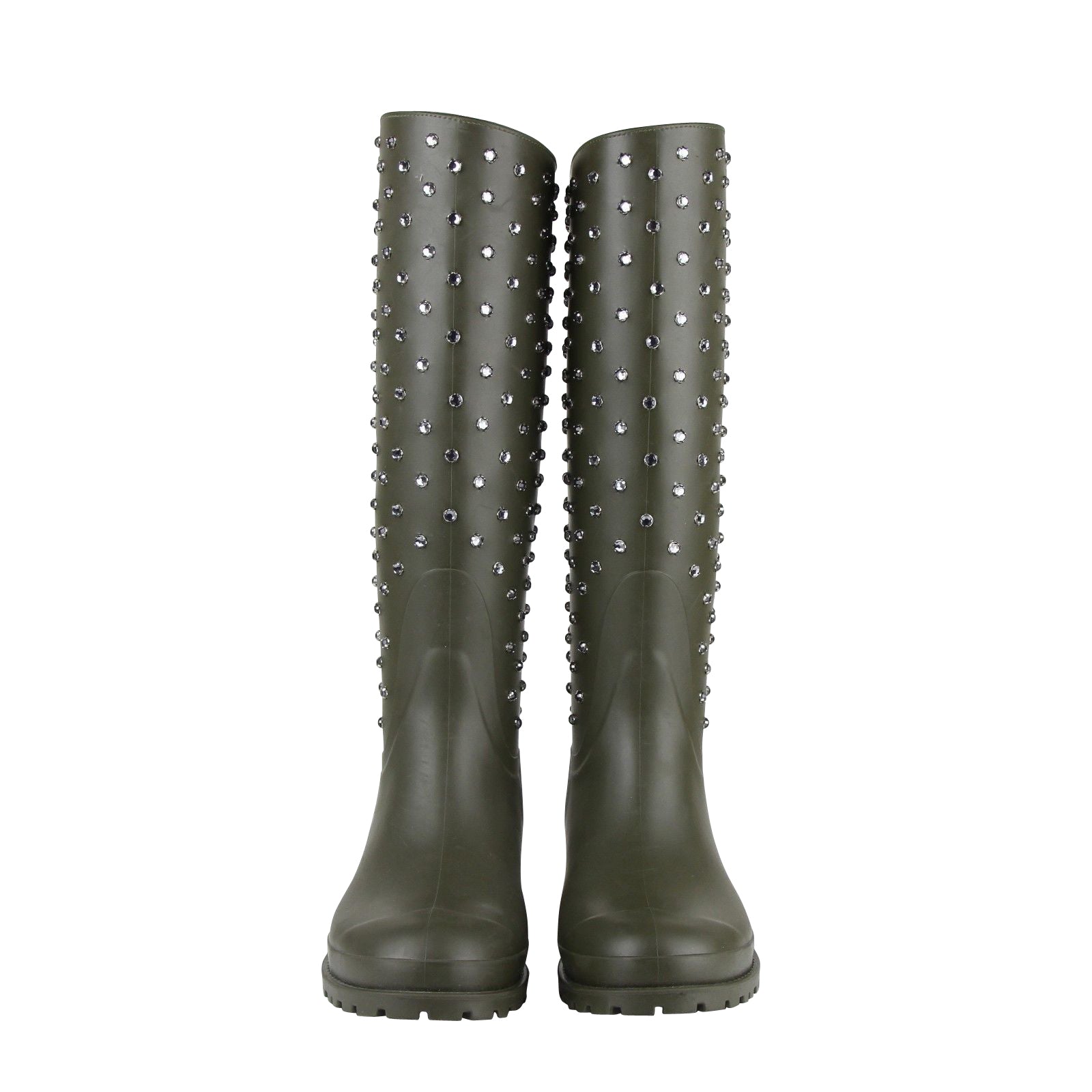 Saint Laurent Women's Diamond Studs Olive Green Rubber Rain Boots