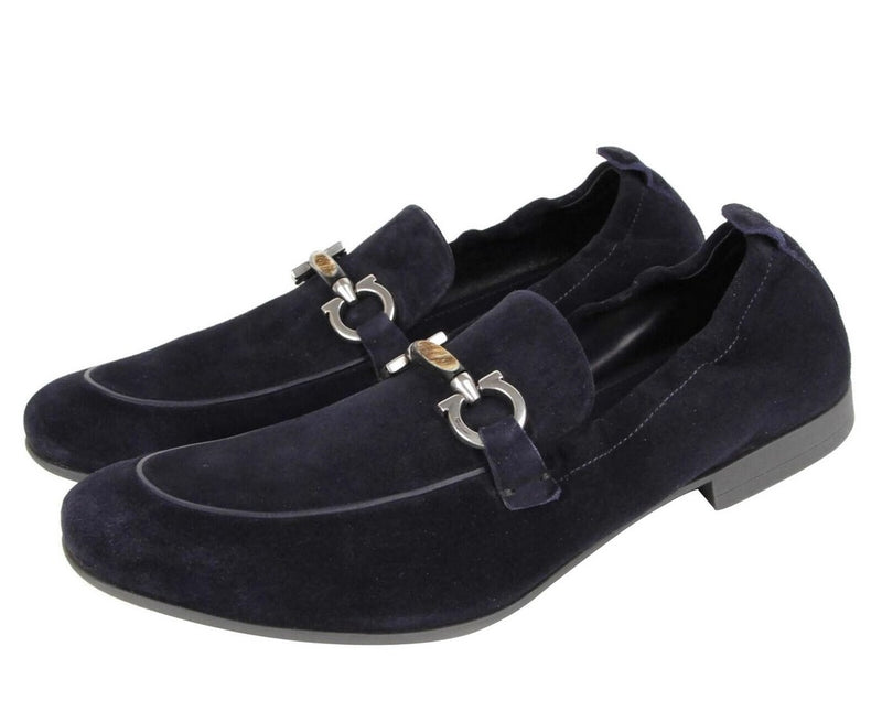 Salvatore Ferragamo Men's Celso Dark Blue Suede Stretch Horsebit Loafer 0689525 (7.5 EE) - LUX LAIR