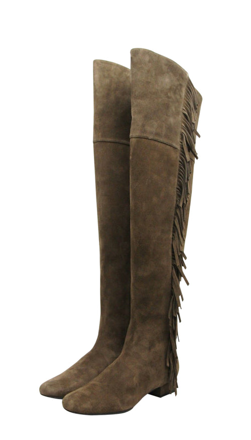 Saint Laurent Women's Over The Knee Brown Suede Fringed Boots - Luxlairs