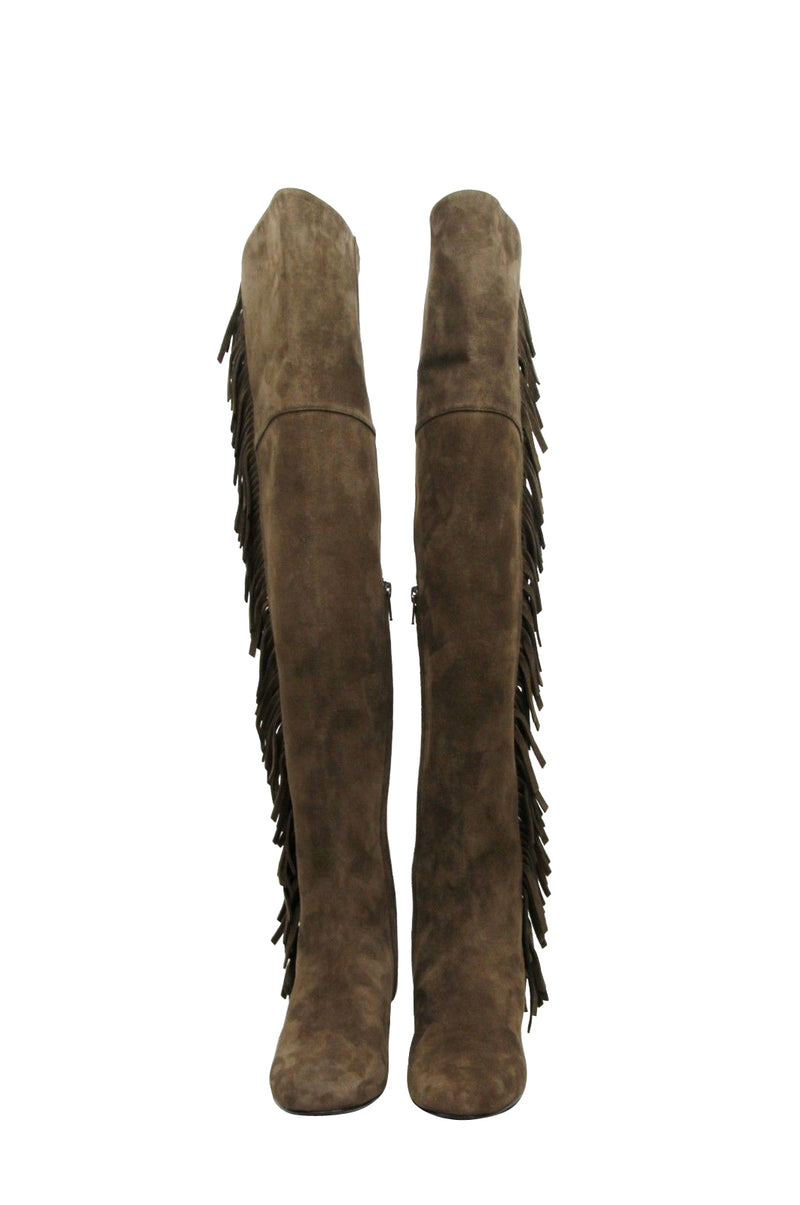 Saint Laurent Women's Over The Knee Brown Suede Fringed Boots - LXL