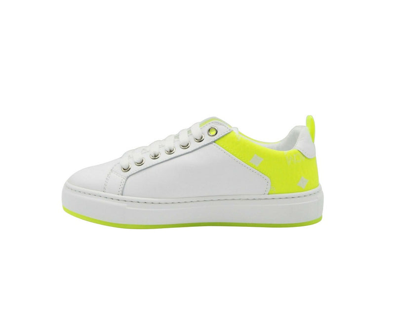 MCM Women's White Leather Neon Green Logo Trim Low Top Sneaker MES9ALC67WT - LUX LAIR