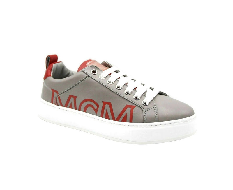 MCM Sneakers Low Top Grey Leather With Red Trim & Logo