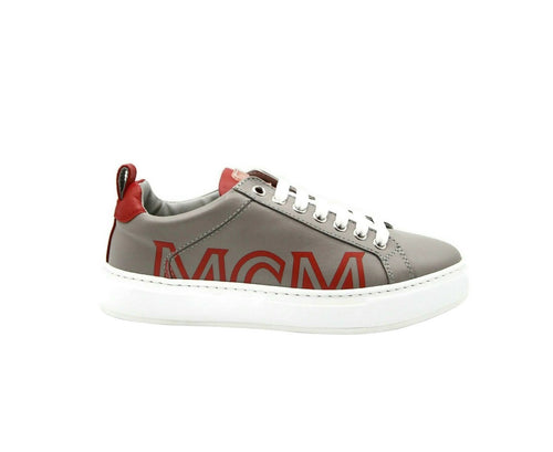 MCM Women's Grey Leather With Red Trim And Logo Low Top Sneaker MES9AMM16EG (36 EU / 6 US) - LUX LAIR