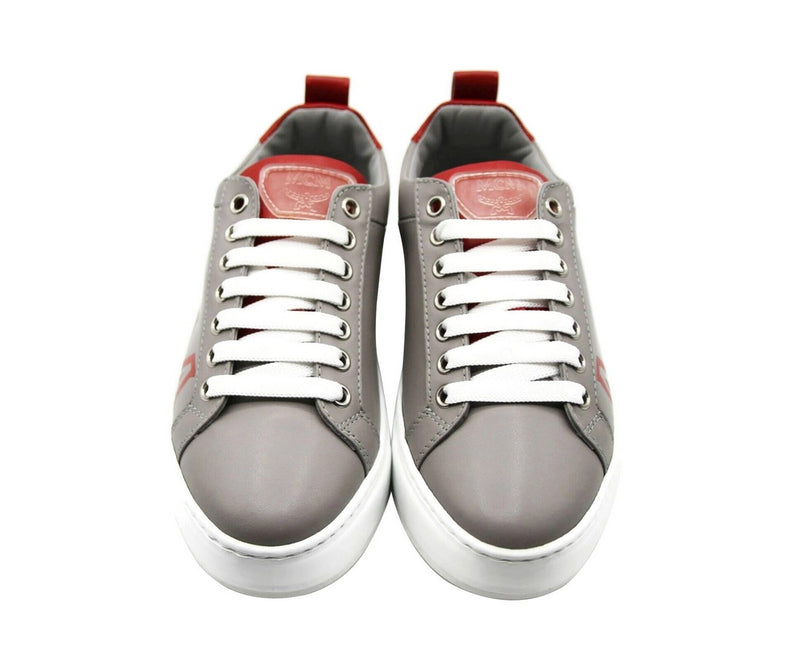 MCM Women's Grey Leather With Red Trim And Logo Low Top Sneaker MES9AMM16EG (36 EU / 6 US) - LUX LAIR