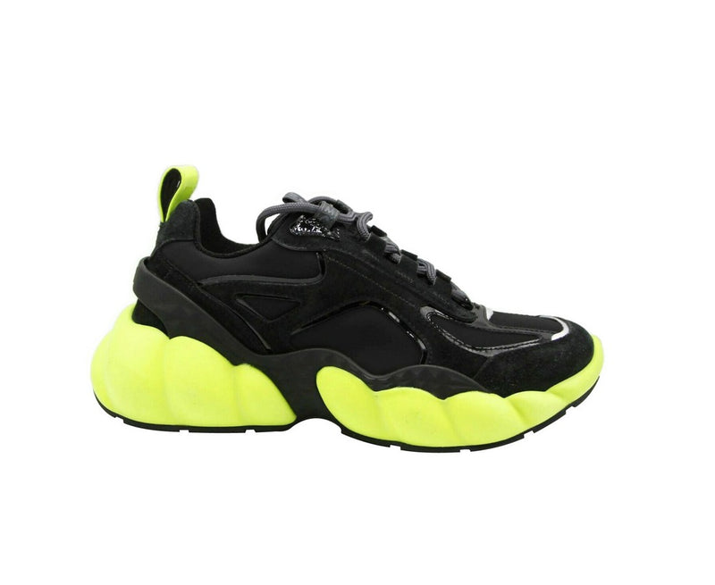 MCM Sneakers Black Suede Neon Green Trim - Side