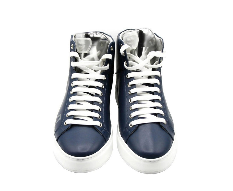 MCM Men's Estate Blue Leather Hi Top With Silver Trim Sneakers MEX9AMM15VE (42 EU / 9 US) - LUX LAIR