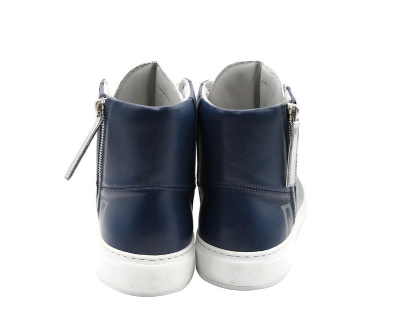 MCM Men's Estate Blue Leather Hi Top With Silver Trim Sneakers MEX9AMM15VE - LUX LAIR