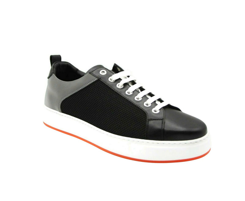 MCM Sneaker Low Top Black Leather Silver Canvas - Side