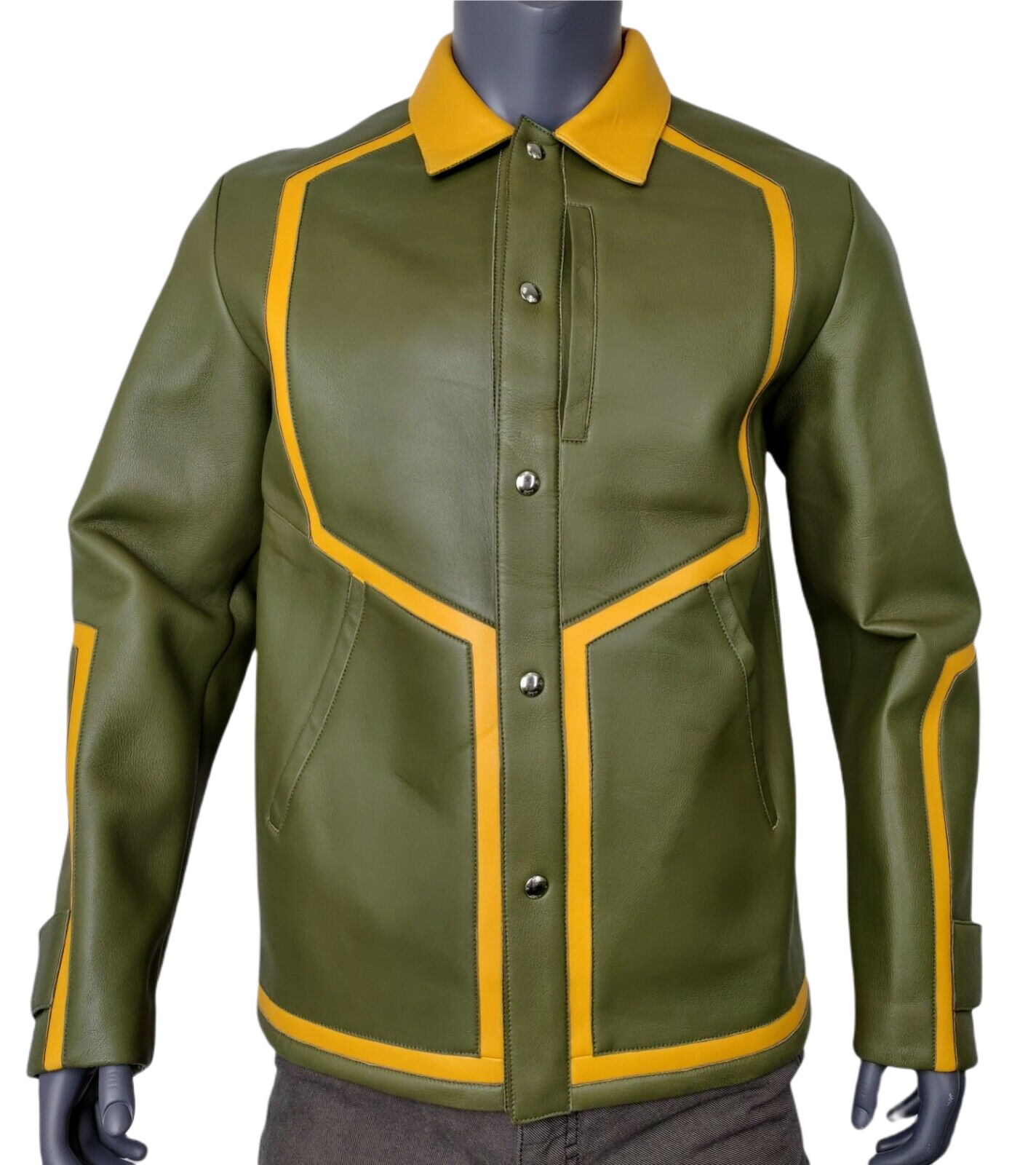 MCM Men's Winter Moss Green Leather Stripes Bomber Jacket MHJ9ARA39G8 48 IT / 38 US