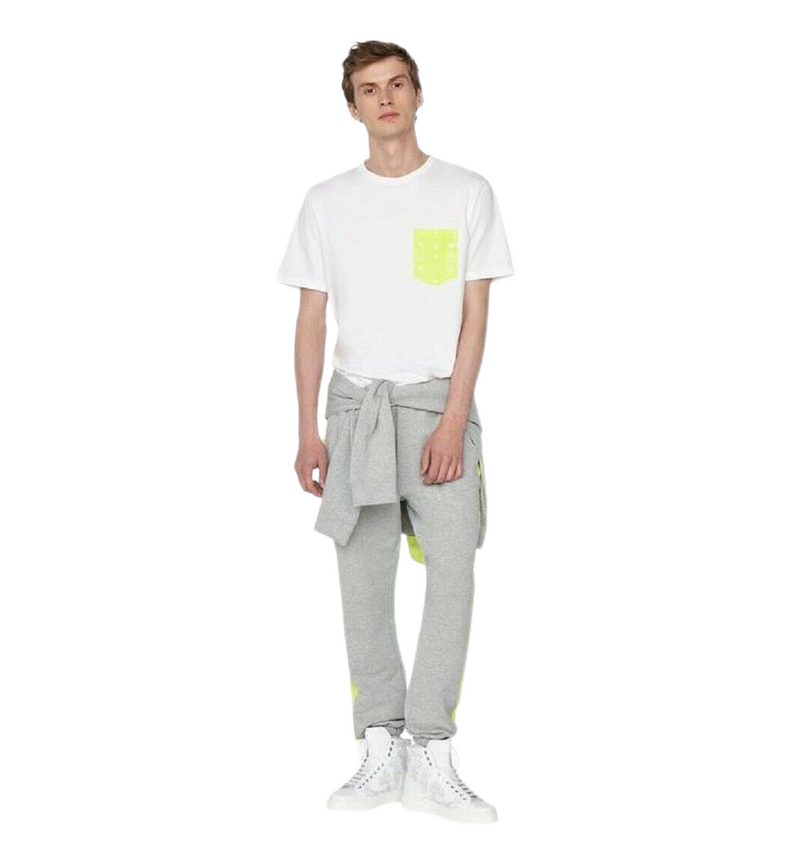MCM Men's White Cotton Neon Yellow Nylon Pocket Flo T-Shirt MHT9ALC07WT Regular; M