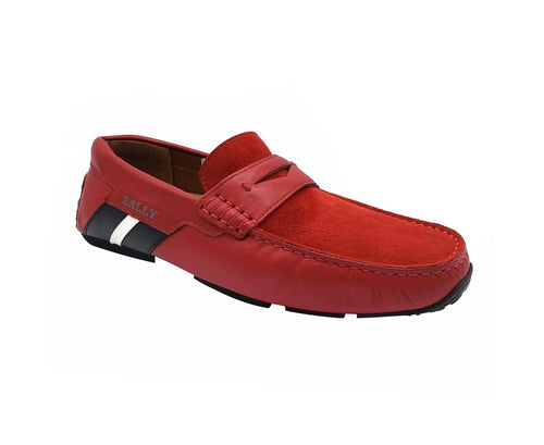 Bally Men's Red Piotre Leather / Suede With Black / White Web Logo Slip On Loafer Shoes (6 EU / 7EEE US) - LUX LAIR