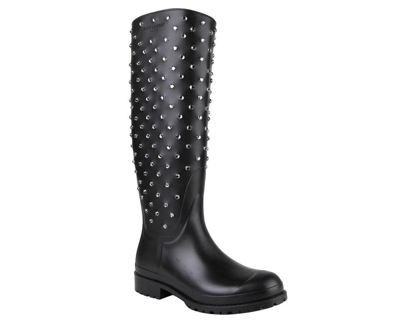 Saint Laurent Black Rubber Rain Boot With Crystal Studs