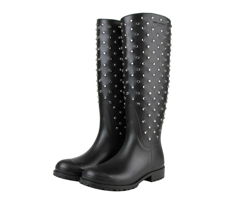 Saint Laurent Black Rubber Rain Boot With Crystal Studs- Luxlair