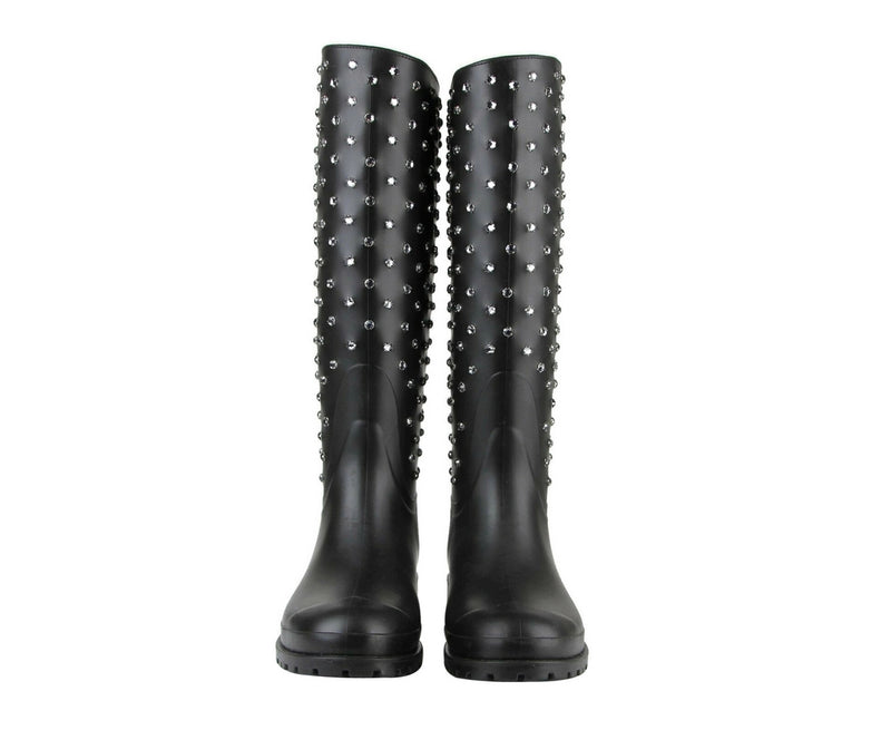 Saint Laurent Black Rubber Rain Boot With Crystal Studs - Front