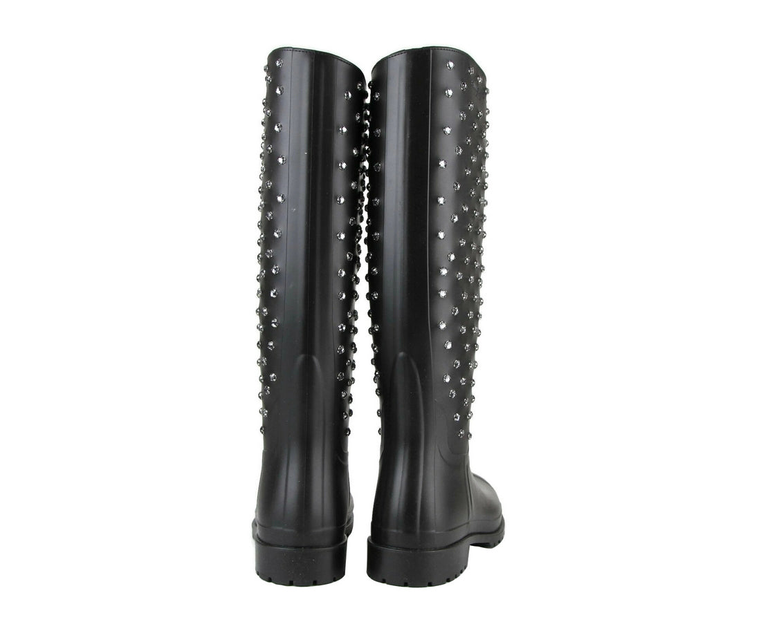 Saint Laurent Black Rubber Rain Boot With Crystal Studs