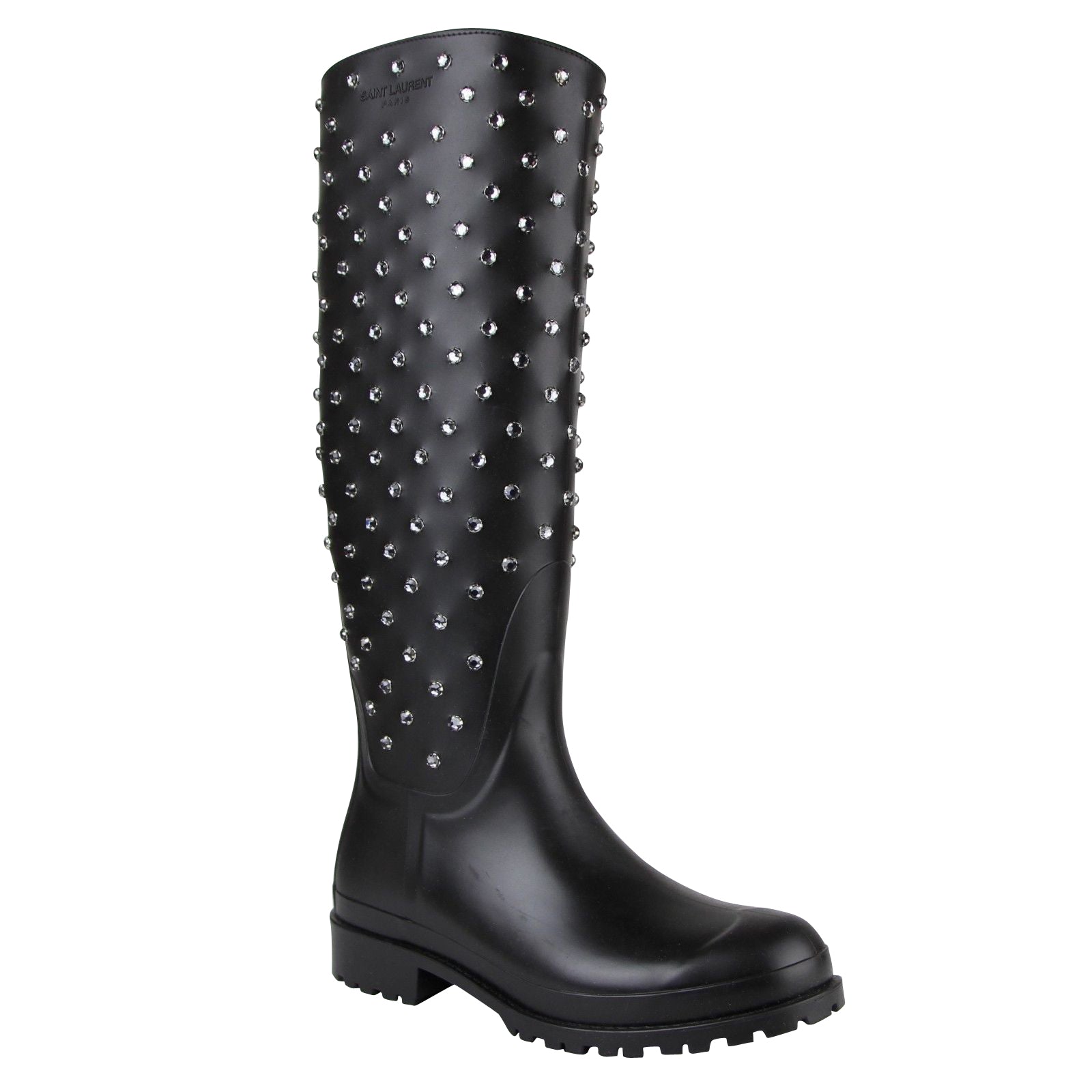 Saint Laurent Women's Black Rubber Women Rain Boots With Crystal Studs 427307 1000 (36 EU / 6 US)