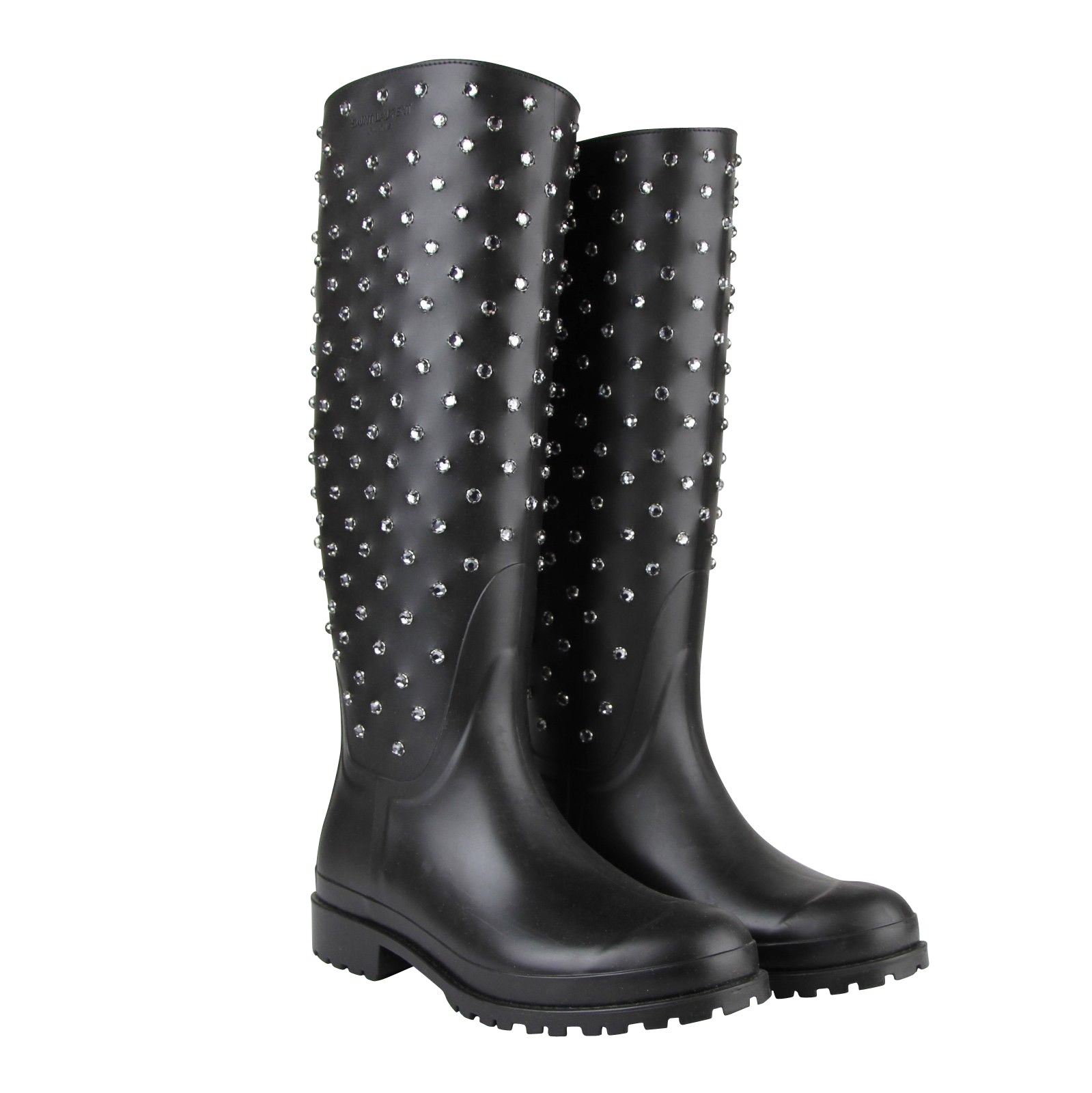 Saint Laurent Women's Black Rubber Women Rain Boots With Crystal Studs 427307 1000 (36 EU / 6 US)