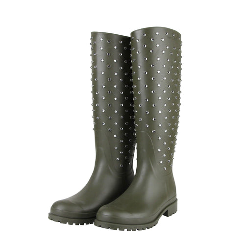 Saint Laurent Women's Diamond Studs Olive Green Rubber Rain Boots 427307 2906 - LUX LAIR