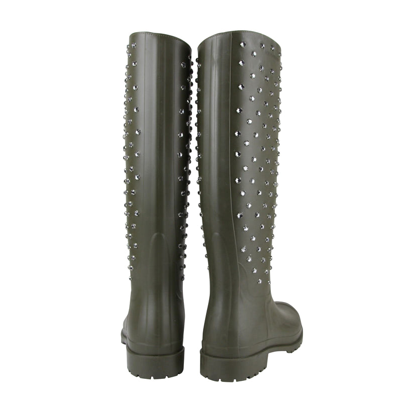 Saint Laurent Women's Diamond Studs Olive Green Rubber Rain Boots 427307 2906 - LUX LAIR